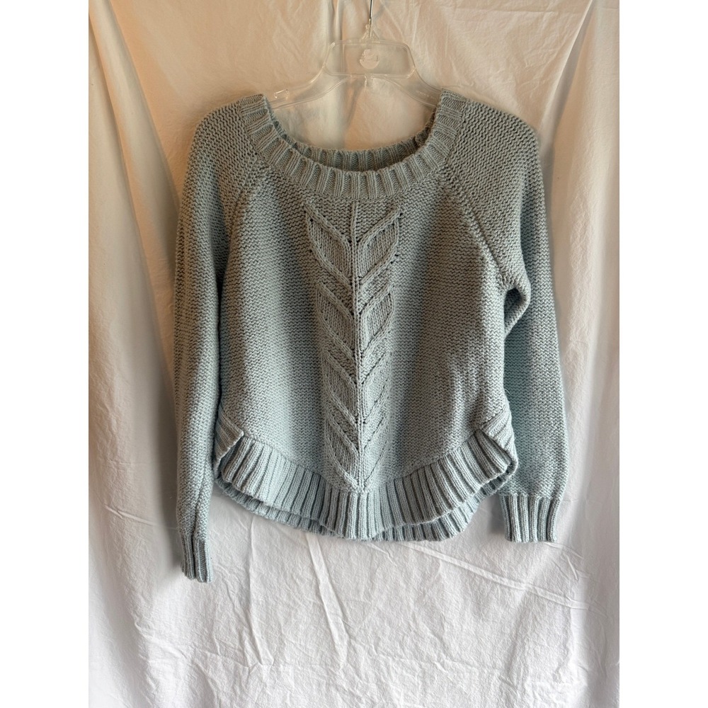 Aerie Womens Medium Light Blue Chunky Knit Cable Sweater High Low Hem Raglan